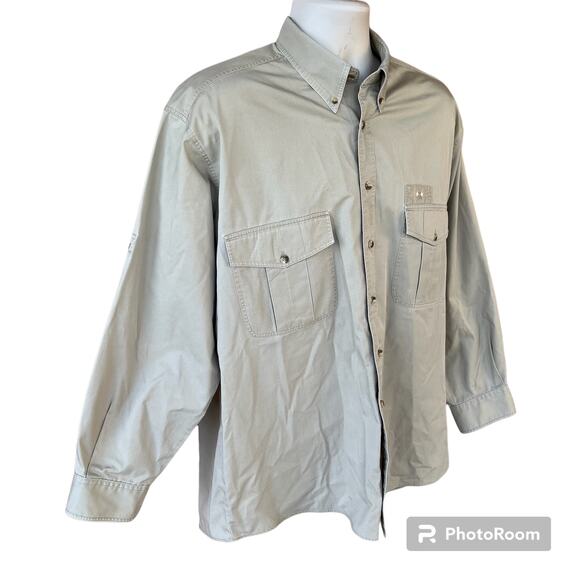 Austrian Elch Button Down Cotton Long Sleeve Tan Shirt Mens Outdoor Roll Tab - Picture 2 of 6